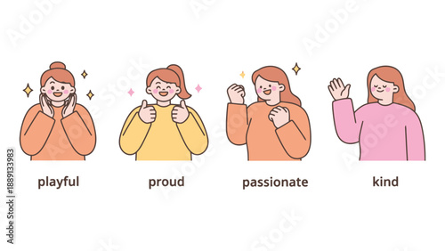 A colorful illustration of a woman showing different positive emotions and feelings.