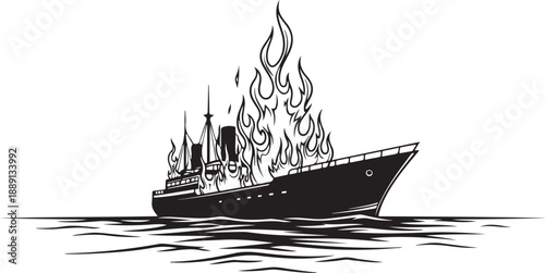 Black and White Illustration of a Burning Ship on Water