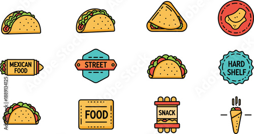 Mexican Taco Icon Set Featuring Hard Shell, Street Taco, and Food Labels in Flat Line Style