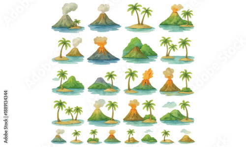 Vintage Tropical Volcanoes and Islands Vector Illustration Collection