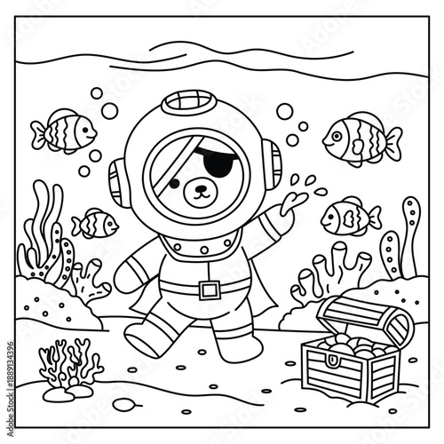 Cute Bear Astronaut Exploring Underwater with Treasure – Kawaii Line Art Coloring Page Illustration