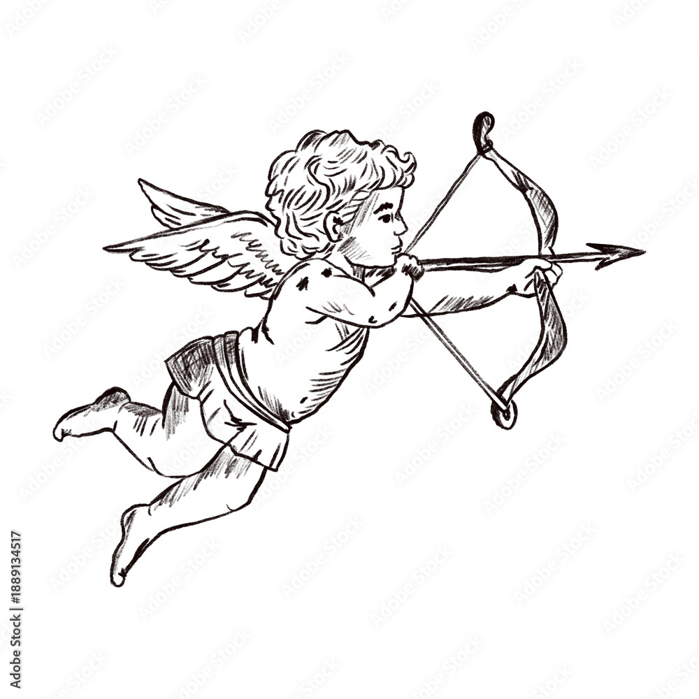 Fototapeta premium Illustration of a cute vintage cupid shooting an arrow, hand-drawn in black and white graphic style. Romantic and retro decorative element for Valentine, love, or vintage-themed projects.