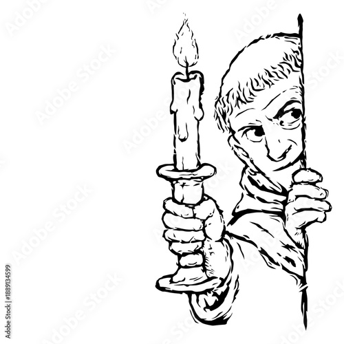 Medieval Marginalia Style Man Holding Candle and Peeking in Absurd Naive Manuscript Illustration