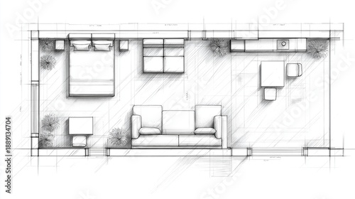 Architectural floor plan blueprint detail with furniture sketches. Home interior design