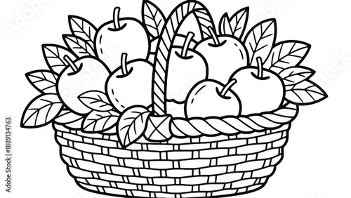 A black and white illustration of apples in a wicker basket