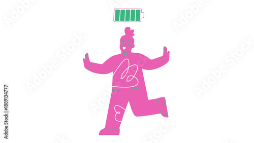 A cartoon person with a battery above their head symbolizing energy and motivation