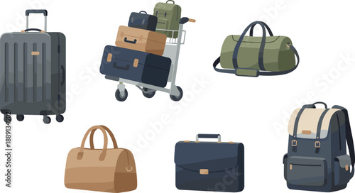 Travel Luggage Collection Featuring Suitcase, Duffel Bag, Backpack, Briefcase, and Trolley in Flat Vector Style