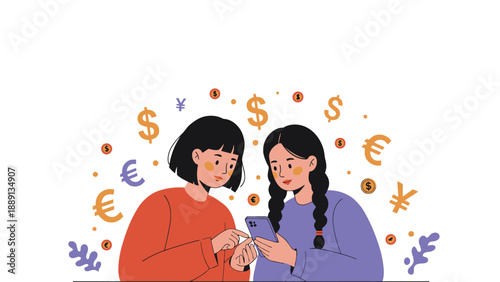 Two young women using a smartphone and cash with currency symbols around them
