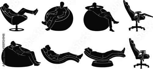 Black and white people silhouettes set sitting in bean bags and lounge chairs for modern interior cad drawing flat illustration