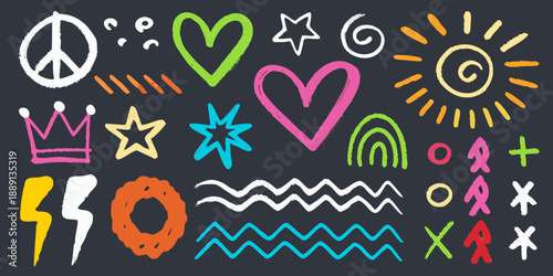 Colorful chalk drawings and symbols on a dark blue chalkboard