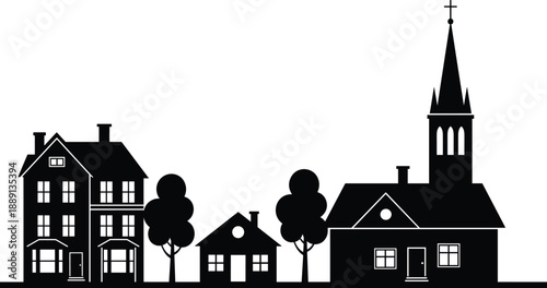 Black and white village silhouette with houses and church and trees for real estate background and residential architecture cad drawing illustration
