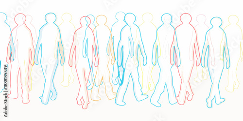 Abstract outline of multiple human figures in vibrant overlapping colors