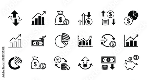 Collection of financial icons depicting growth money investment and economic trends in a simplistic style