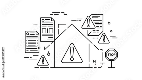 House with warning signs and documents security alert concept illustration and stop sign icons