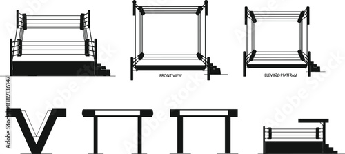 Black and white boxing ring silhouette set with front view and elevated platform for sports arena cad drawing flat illustration