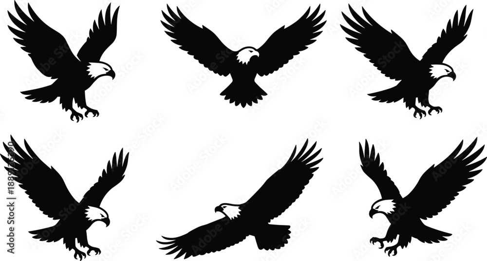 Obraz premium Bald eagle silhouette icon set, flying and swooping poses, patriotic bird sketch grid - flat vector illustration