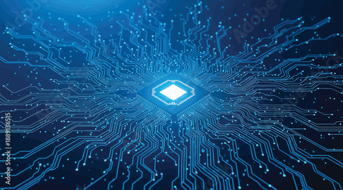 Stylized microchip emitting glowing blue circuit lines on dark grid background, symbolizing computational power, data flow, and connectivity in advanced digital systems, artificial intelligence, and m