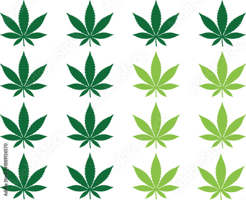 Cannabis leaf grid, dark and light green, symmetrical botanical icons, marijuana plant shapes, nature sketch - flat vector illustration