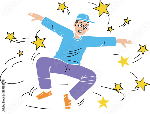 Cartoon dizzy character, confused person, stars spinning, motion lines, humorous reaction, comic style, flat vector illustration, emotional expression