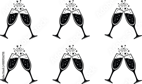 Champagne glasses clinking with sparkles, celebration icon set for festive events, parties, weddings, and New Year, flat vector illustration