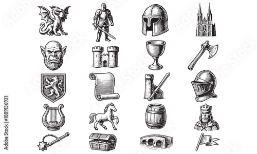 Vintage Medieval Fantasy Icons Vector Illustration Collection