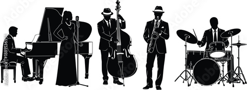 Black and white jazz band silhouettes set with singer pianist bassist saxophonist and drummer for music performance