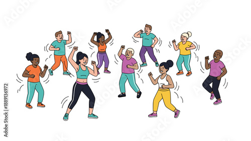 A diverse group of people energetically dancing together in a fitness class, promoting health, exercise, and community in a fun, active setting.