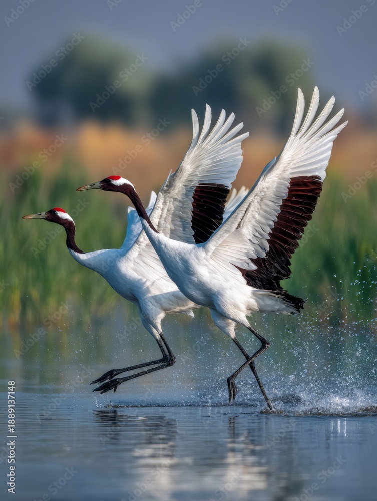 Fototapeta premium A pair of beautiful cranes takes flight over a serene water surface. Their elegant movements reflect grace and freedom in nature. A stunning representation of wildlife and harmony. AI