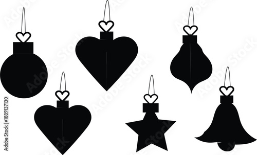 Set of Six Black Silhouette Christmas Ornaments with Heart Toppers for Holiday Decoration and Crafting Designs
