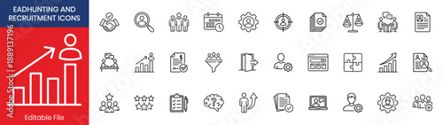 Headhunting And Recruitment Thin Line Icon Set