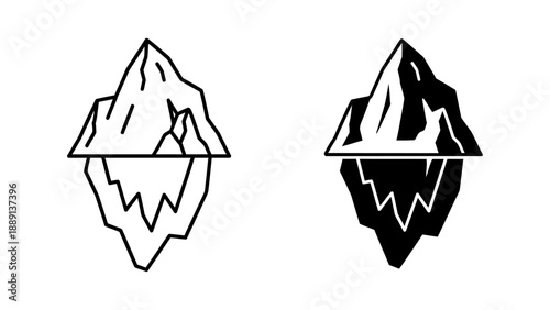 Minimalist Iceberg Icons: Line Art and Solid Fill Design on White