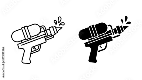 Outline and Solid Squirt Gun Illustrations with Water Spray