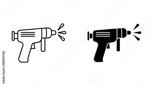 Outline and Solid Icons of a Spray Gun on White Background