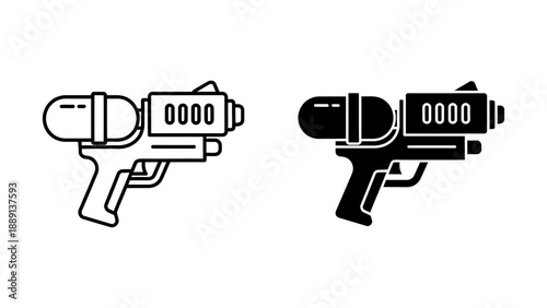 Sci-fi Ray Gun Icons in Line Art and Silhouette Style