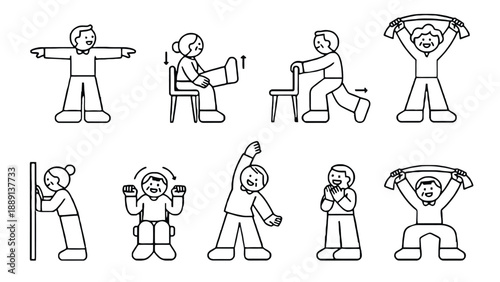 A group of elderly people doing various stretching exercises for fitness and wellness