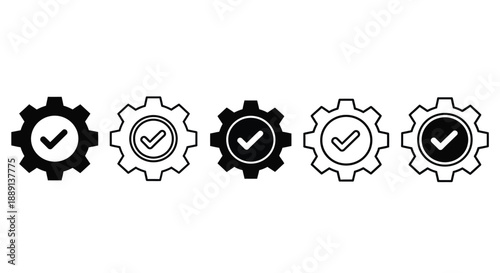 A series of five circular gear icons with check marks inside illustrating process or completion