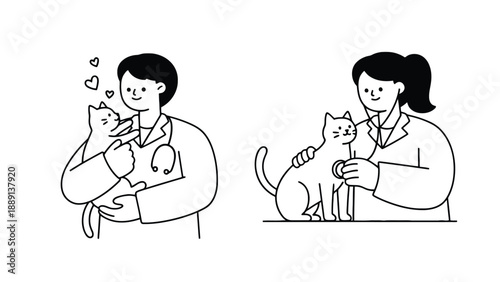 Veterinarians examining and caring for cats in a clinic setting