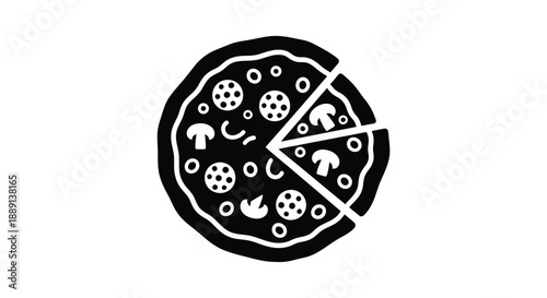 A simple black and white illustration of a pizza with mushroom toppings
