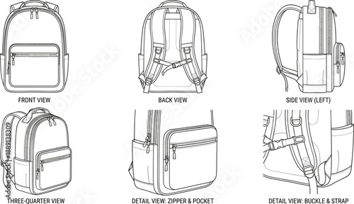 Technical Backpack Illustration Featuring Front, Back, Side, Three-Quarter, and Detail Views for Product Design and Manufacturing Reference