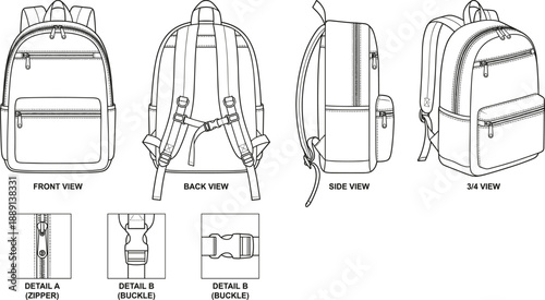 Technical Backpack Illustration Featuring Front, Back, Side, 3/4 Views and Detail Panels of Zipper and Buckle for Product Design Use