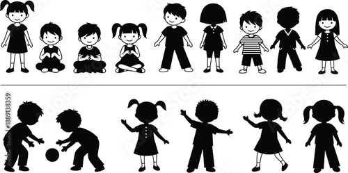 Collection, of, black, silhouettes, and, cartoon, illustrations, of, cute, children, playing, sitting, and, standing, for, school, education, and, childhood.
