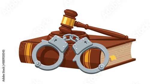 Symbolic Representation of Justice and Law: A Wooden Gavel Rests on a Law Book, Adorned with Handcuffs, Symbolizing Legal Proceedings and Criminal Justice System