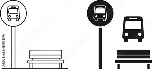 Bus stop icon set featuring outline and silhouette styles with bench, signage, and transportation symbols for urban design use