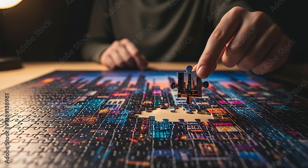Naklejka premium Person placing final puzzle piece in vibrant cityscape jigsaw