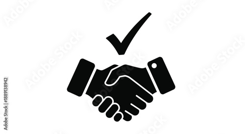 A black silhouette depicting two hands shaking in a firm agreement