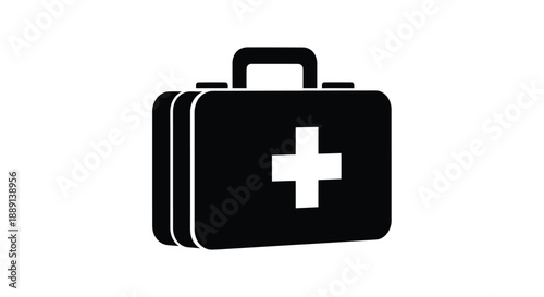 A black and white illustration of a medical kit with a prominent cross symbol