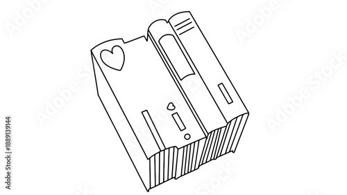 A line drawing of a VHS tape with a heart on it