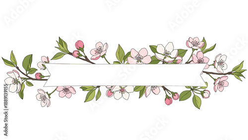 Charming horizontal banner framed by soft pink cherry blossoms and green leaves, offering a pristine white area for custom messages and greetings.