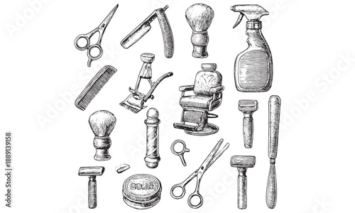 Vintage Barber Tools Vector Illustration Classic Grooming Equipment Collection