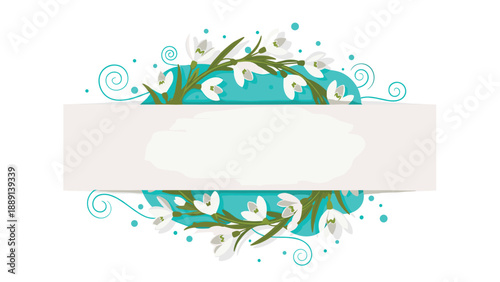 Elegant blue banner adorned with delicate white snowdrops and green foliage, featuring a blank white space for text, ideal for invitations and announcements.